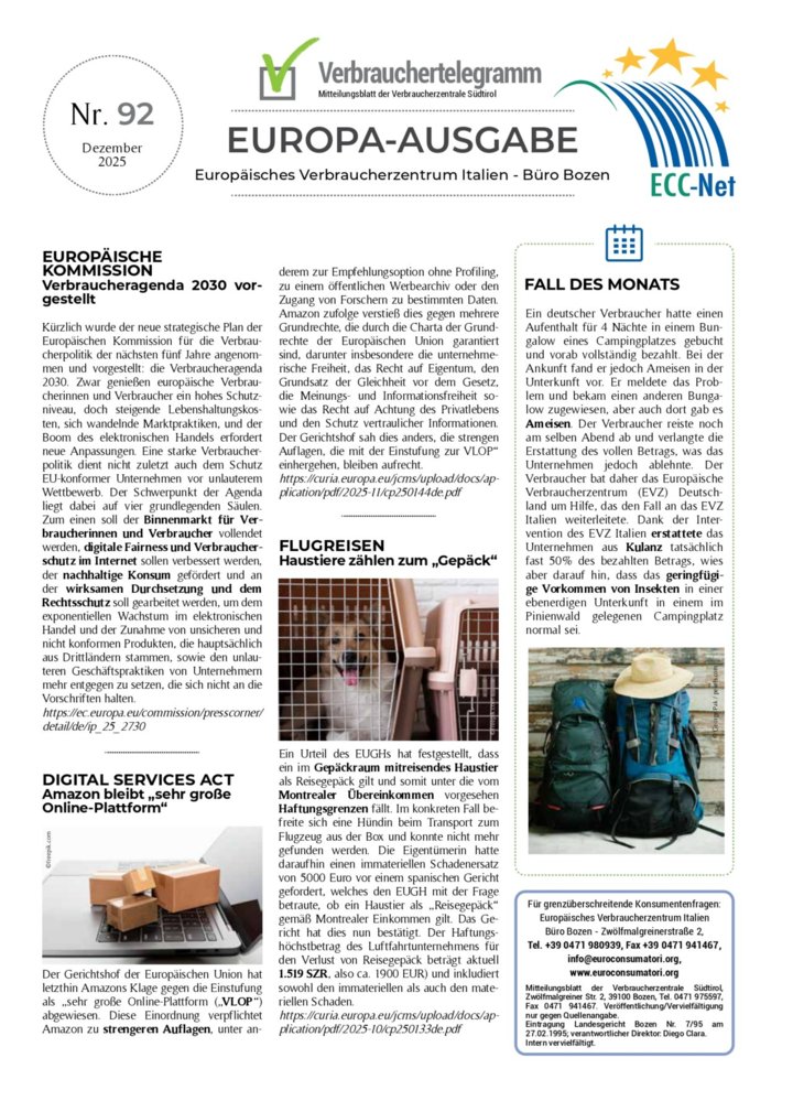 Verbrauchertelegramm Europaausgabe Dezember 2025 Verbrauchertelegramm Europaausgabe Dezember 2025